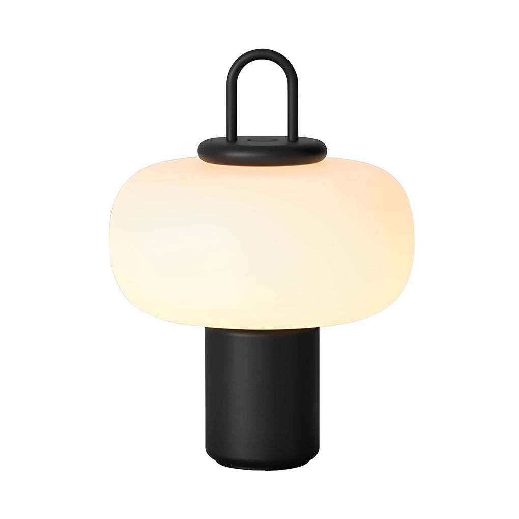 Milk Glass Orb Rechargeable LED Table Lamp Black Metal Ring Handle 3000K Warm White Portable Lantern 12.6''