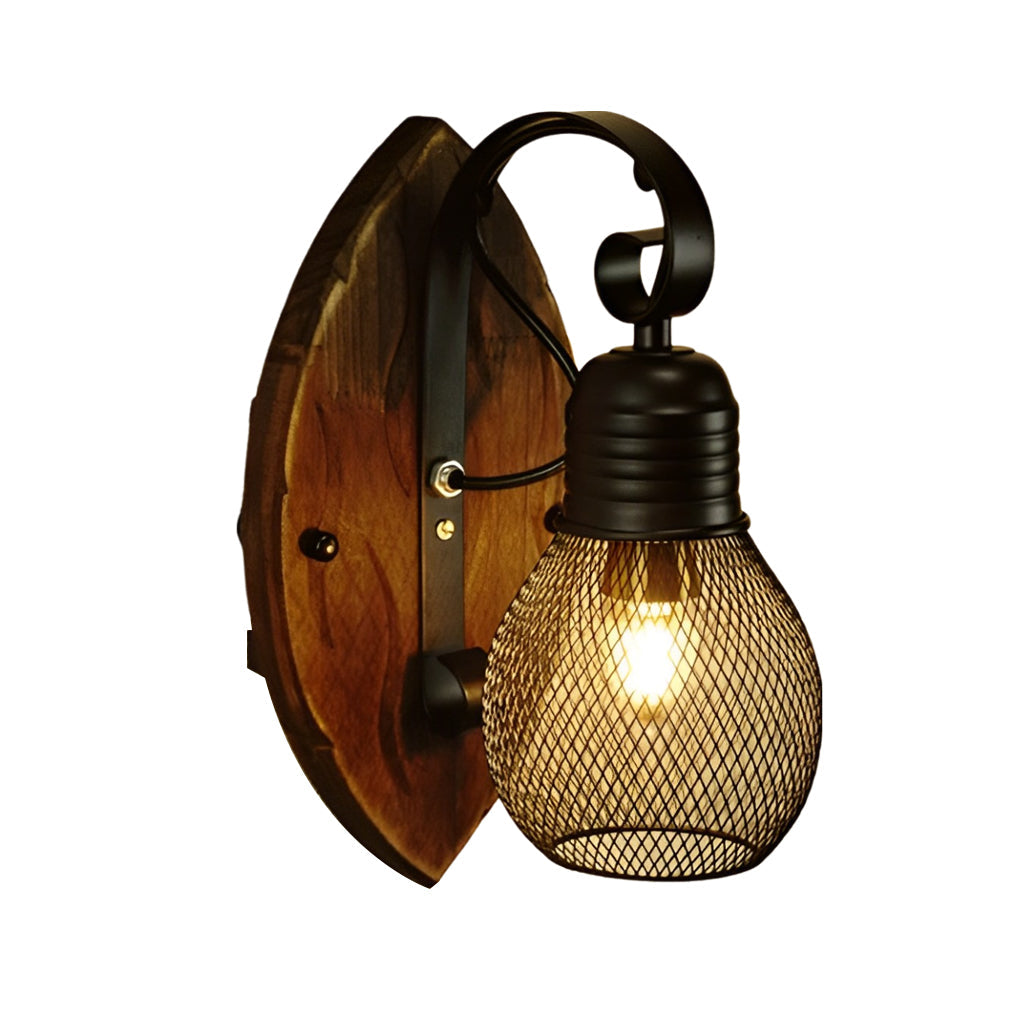 Rustic Wood Iron Industrial Wall Sconce Black Mesh E27 Vintage Bedroom Café Hallway