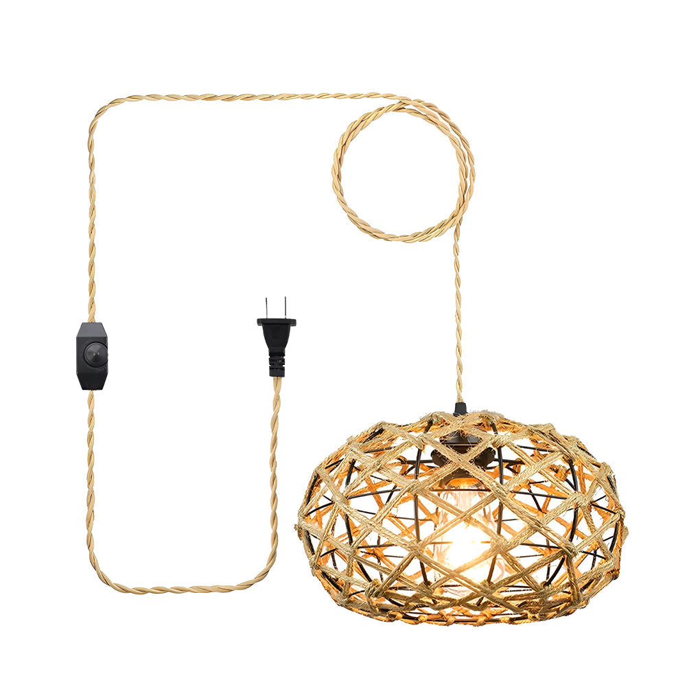 Hand-Woven Rope Cage Semi-Flush Mount Ceiling Light — Retro Rustic Beige Iron E26 E27
