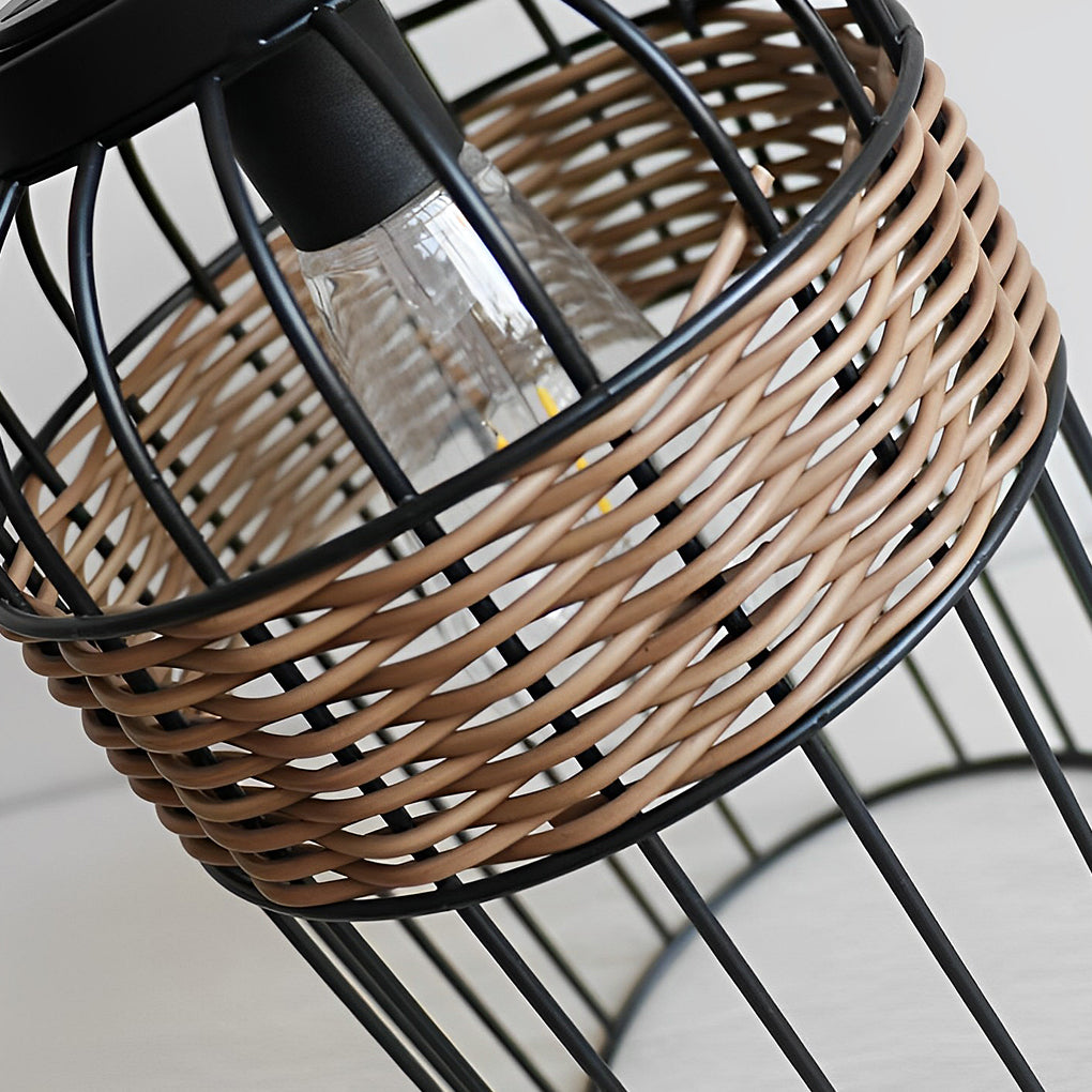 Handwoven Rattan Solar Outdoor Lantern Black Iron Portable Auto On Off IP55 Waterproof LED 6 Inch