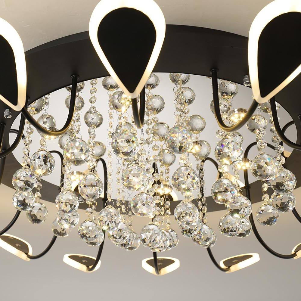 Flower-Shaped Crystal Semi-Flush Mount Ceiling Light — Modern Metal Acrylic Crystal LED White Black Dimmable 39 Inch