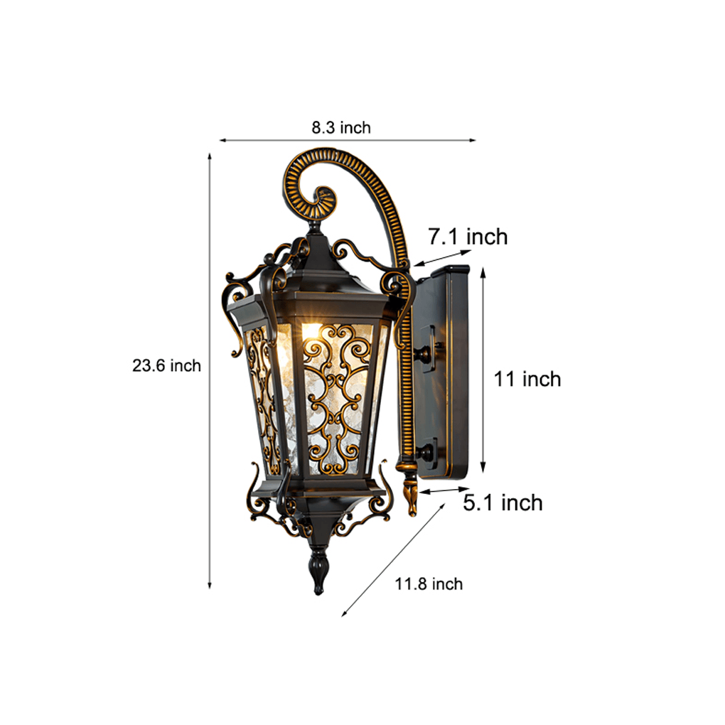 Antique European Lantern Outdoor Wall Sconce Ornate Aluminum Glass Polished Black IP55 490LM 3000K Garden Gate | NordaLight