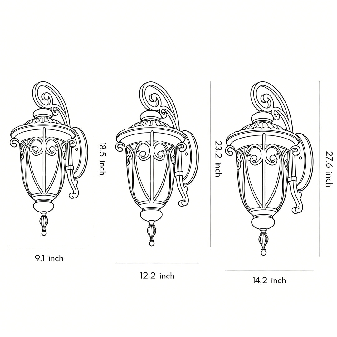 Black Outdoor Wall Lantern Scroll Bracket Glass E27 Down or Up 3 Sizes