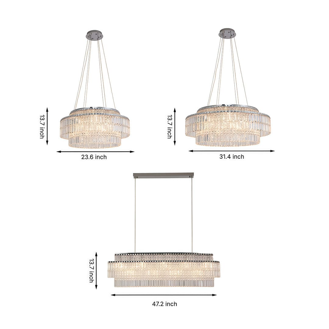 Crystal Chandelier Stainless Steel Silver Round Crystal Beads Tiered Drum Rectangular E14 LED Tri-Color | NordaLight