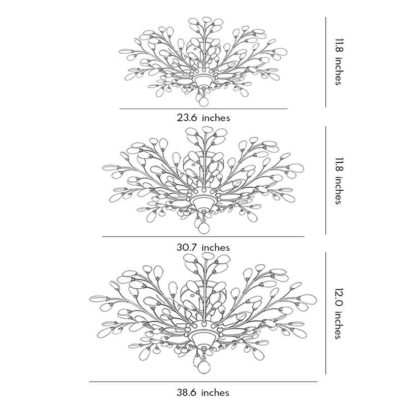 Crystal Branch Semi-Flush Ceiling Chandelier Metal Black Gold E14 3000K Nordic 3 Configurations