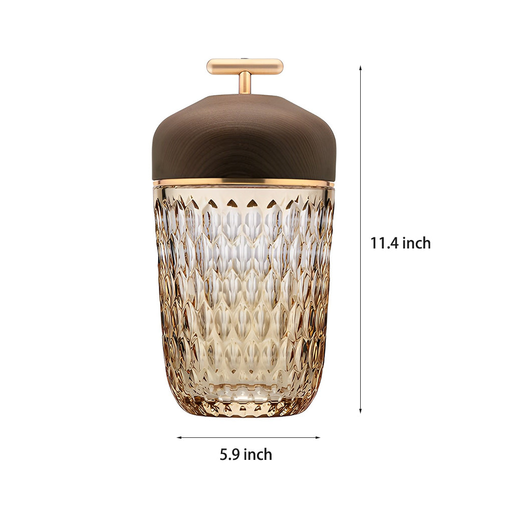 Rechargeable Crystal Glass Cup Table Lamp 12H Battery Diamond-Cut Wood Cap Warm Glow