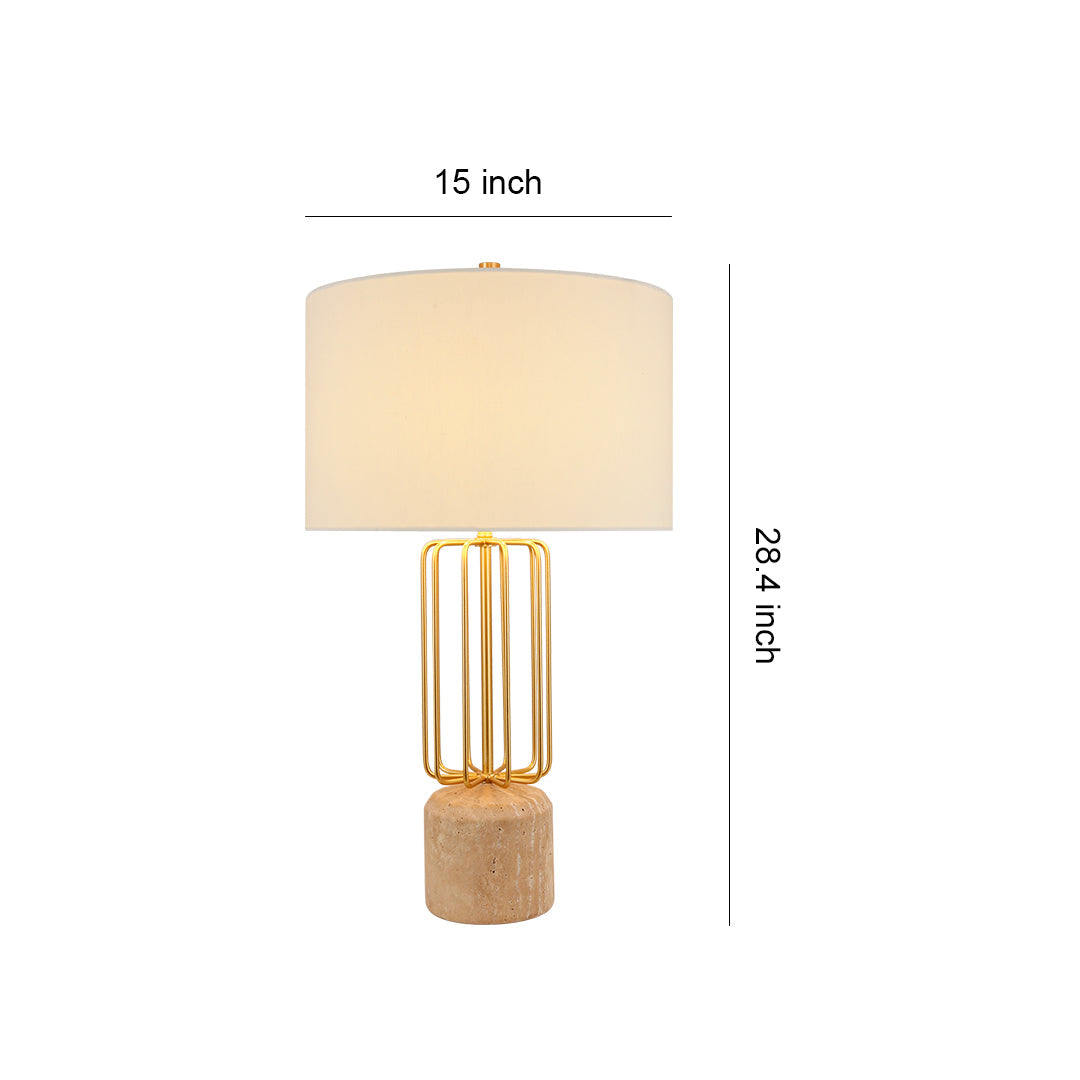 Modern Table Lamp Natural Limestone Base Geometric Brass Metal Cage White Fabric Shade E26 Nordic 28.35 Inch