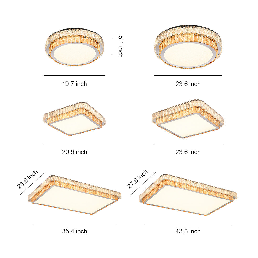 Round, Square, and Rectangle Crystal Trim Flush Mount in Chrome Stainless Steel with 3-Step Colour Temperature in Six Sizes