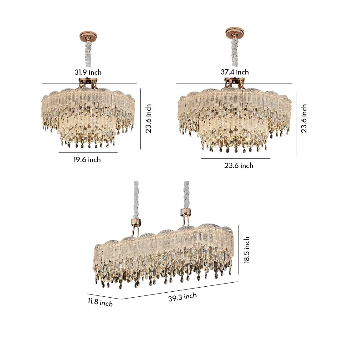 Glass Fringe Chandelier Carbon Steel Gold Champagne Cascading Crystal Strands LED Tri-Color French Luxury Single Double Layer Long Pendant | NordaLight