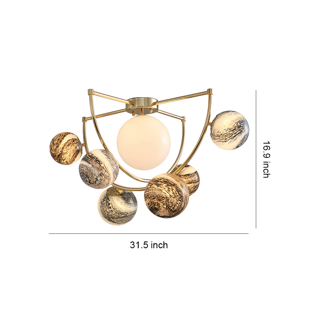 Planet Art Gold Semi-Flush Mount Glass Orb Modern 7-Light