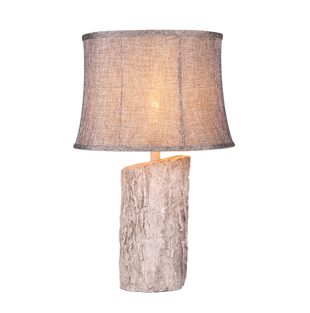 Rustic Table Lamp Bark Texture Resin Base Beige Fabric Shade E26 Bedside Living Room White 26.38 Inch