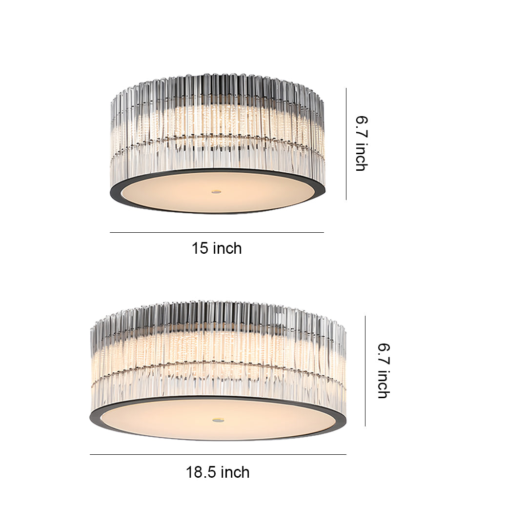 Round Drum Crystal Prism Rod Flush Mount in Black Metal and Transparent Glass with Warm White Integrated LED