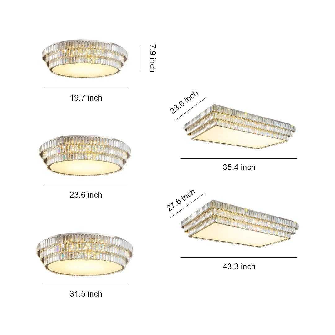 Round and Rectangle Crystal Border Flush Mount in Chrome Stainless Steel with 3-Step Colour Temperature in Five Sizes