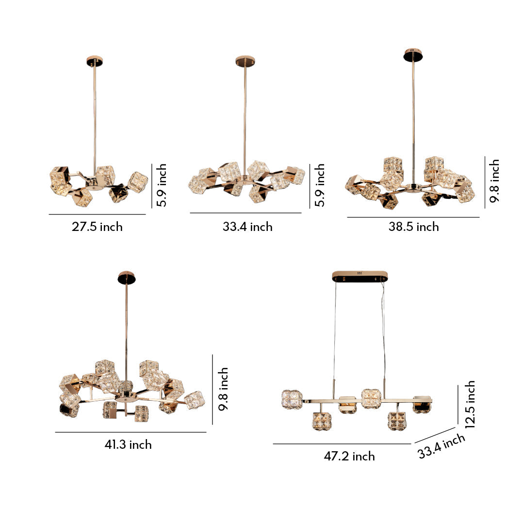 Crystal Chandelier Carbon Steel Champagne Gold Modern Cube Geometric LED Tri-Color Radial Arm Multi-Head