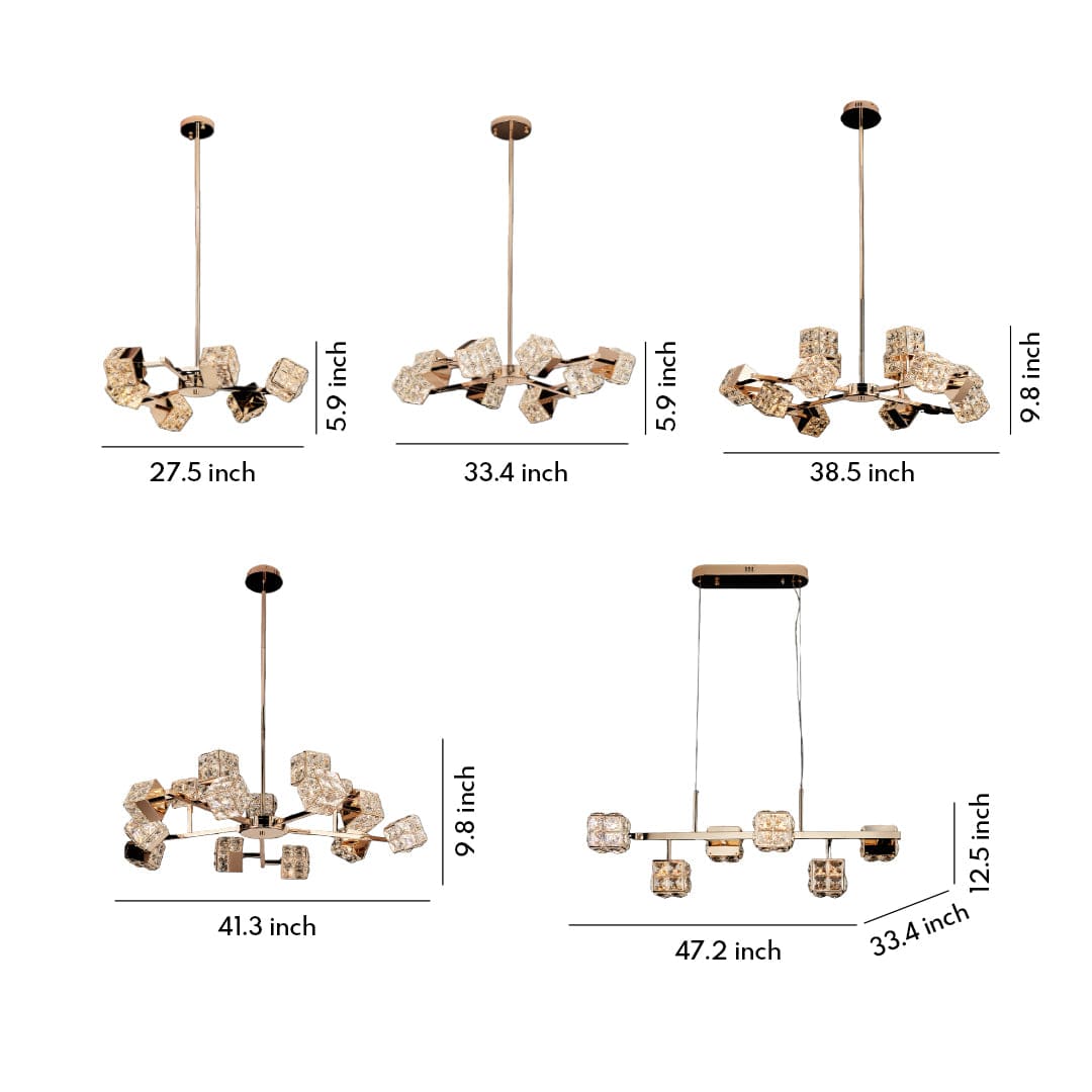 Crystal Chandelier Carbon Steel Champagne Gold Modern Cube Geometric LED Tri-Color Radial Arm Multi-Head | NordaLight