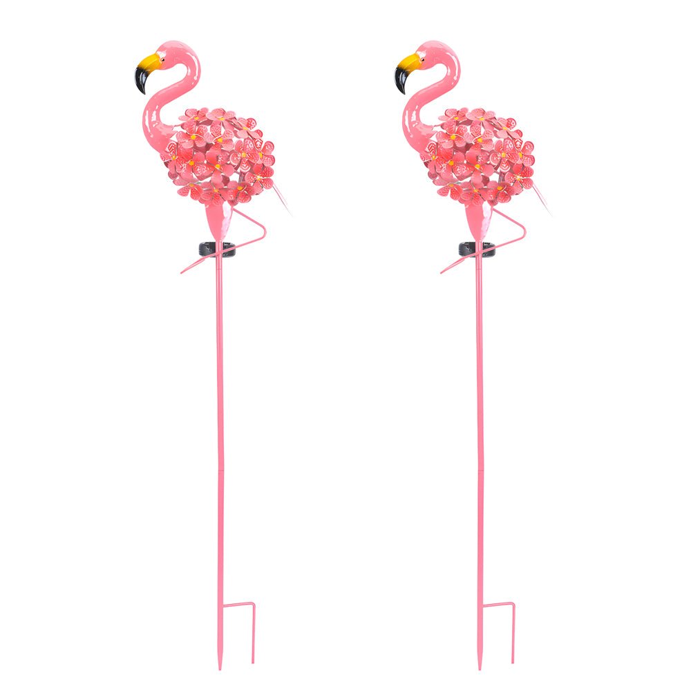 Metal Flamingo Solar Stake LED Lights Pink 30-LED Warm White Dusk-to-Dawn Outdoor Garden Lawn Path 2-Pack