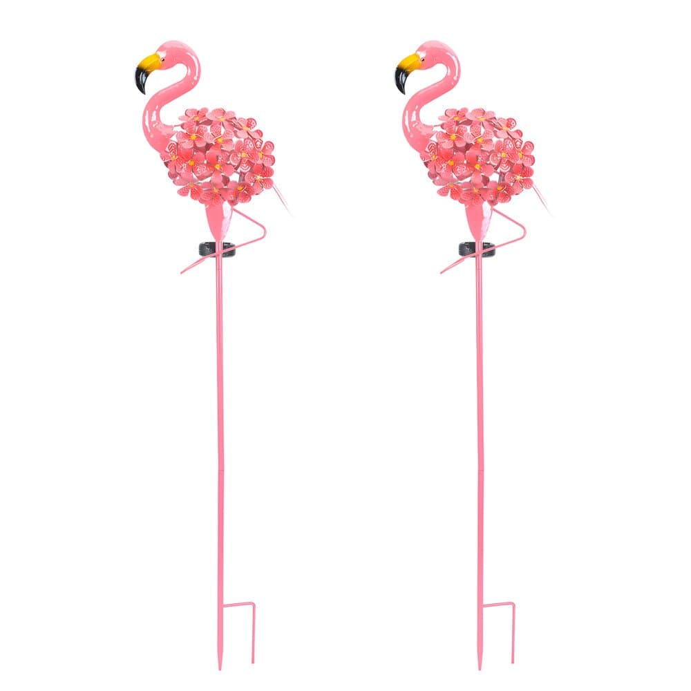 Metal Flamingo Solar Stake LED Lights Pink 30-LED Warm White Dusk-to-Dawn Outdoor Garden Lawn Path 2-Pack | NordaLight
