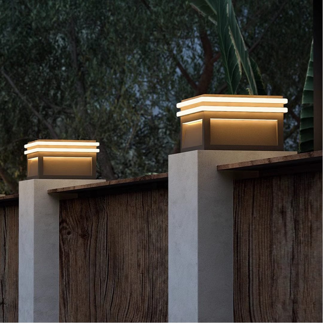 Modern Minimalist Gray Steel Square Outdoor Pillar Light Solar or Hardwired IP65 12 Hour 3 Sizes Courtyard Villa | NordaLight