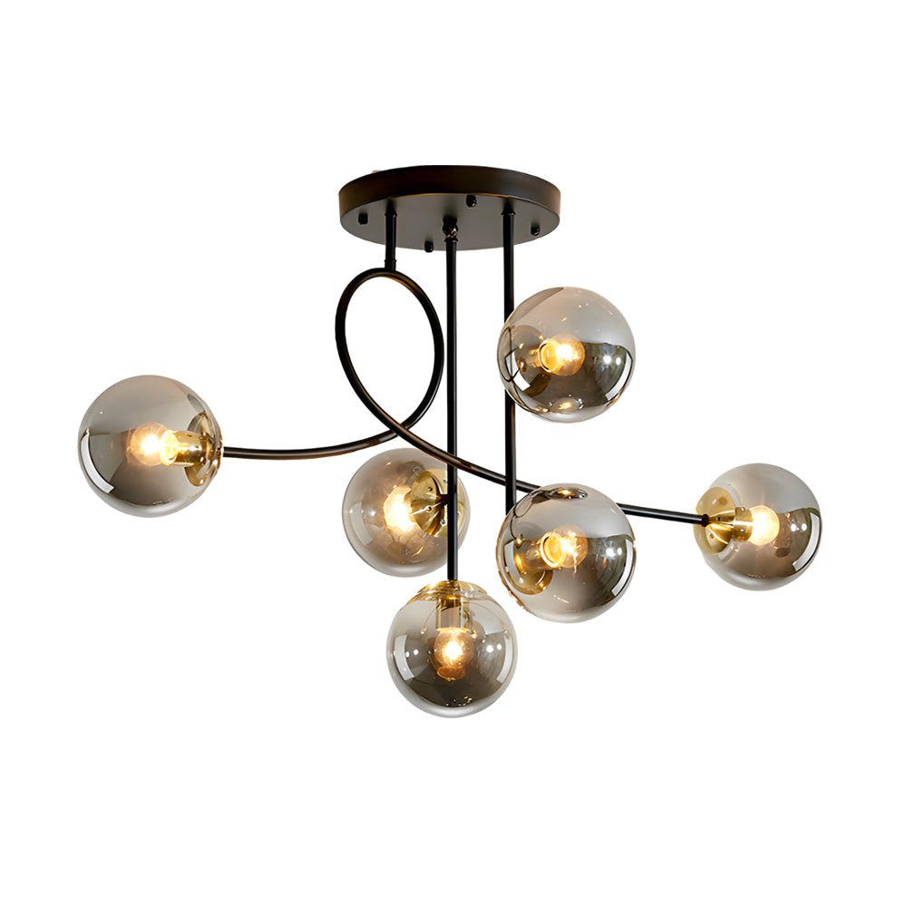 6-Light Semi-Flush Mount Ceiling Light — Modern Curved Arm Glass Ball Gold Black E27
