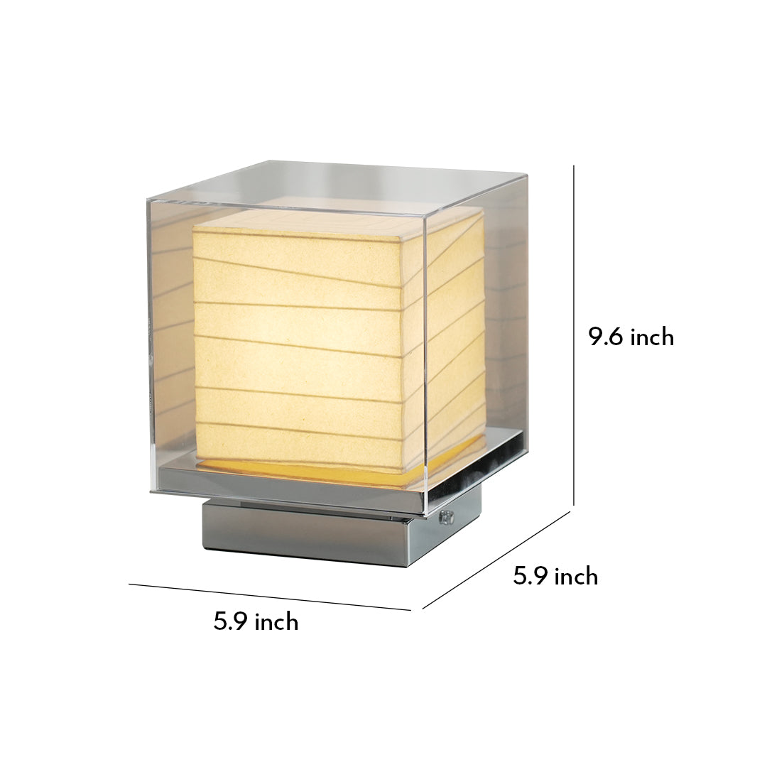 Japanese Cotton Paper Table Lamp Wabi-Sabi Zen Chrome Frame Acrylic Diffuser Warm LED 5W 9.65 Inch