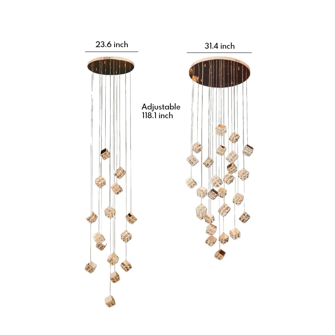 Staircase Chandelier Carbon Steel Crystal Magic Cube Champagne Gold Electroplated Integrated LED Nordic 3-Step Colour Temperature Two Configurations 15-Head to 27-Head | NordaLight