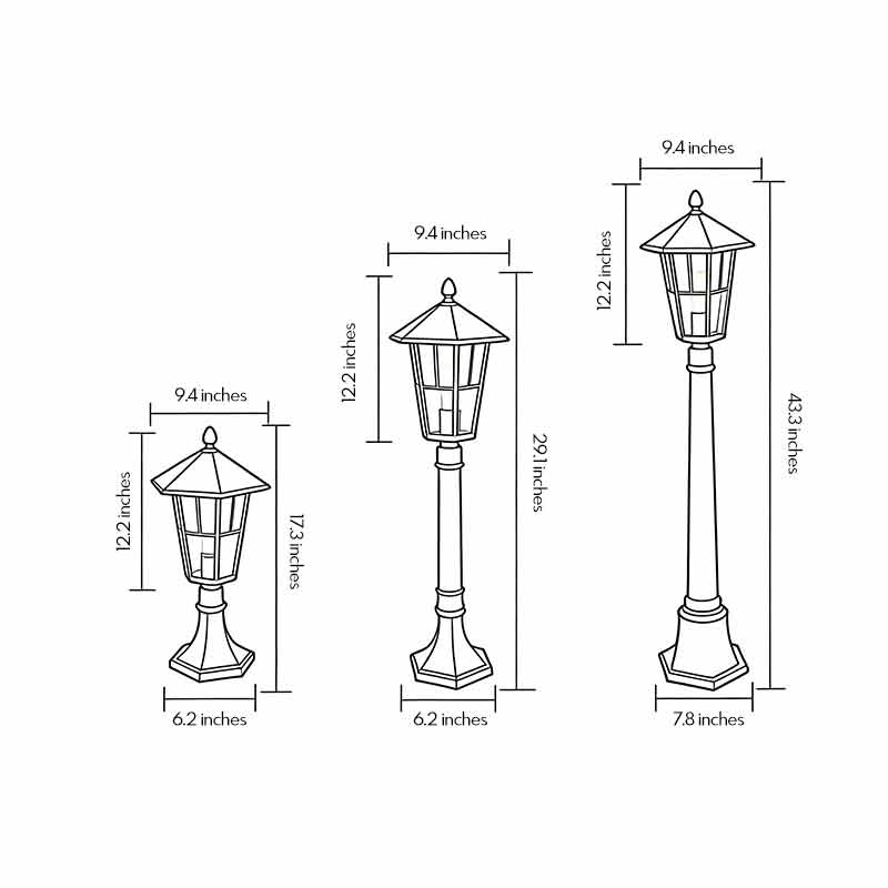 Black Aluminum Lantern Outdoor Path Light Solar Hardwired 3 Sizes