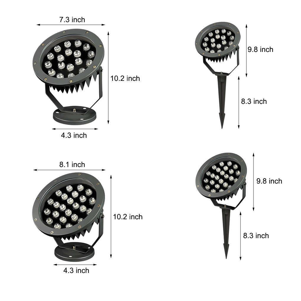 Outdoor LED Spotlight Round Die-Cast Aluminum Tempered Glass 9W 12W 18W 24W DC24V 3000K IP65 Base or Ground Insert