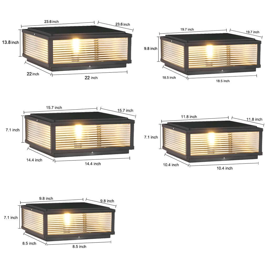 Square Ribbed Glass Outdoor Pillar Light Black Die-Cast Aluminum Solar or Hardwired 5 Widths Pier Mount | NordaLight