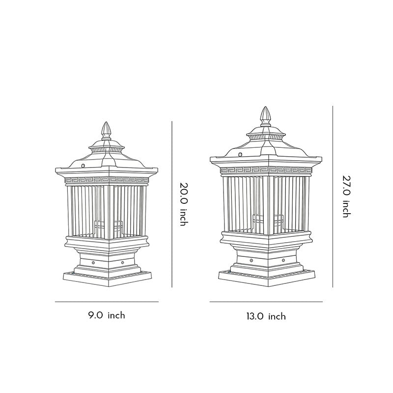 Retro Grille Brown Die-Cast Aluminum Glass Solar or Hardwired Outdoor Pillar Light IP55 3000K 3 Sizes Garden Gate