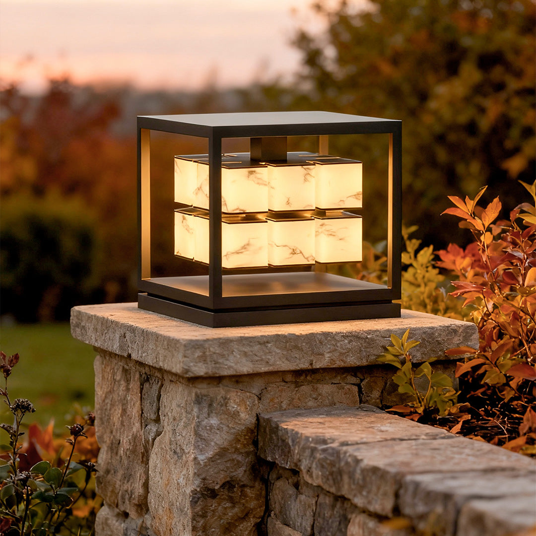 Modern Brick Square Stainless Steel PC Outdoor Pillar Light Black Single or Double Layer Solar or Hardwired IP65 Villa Gate