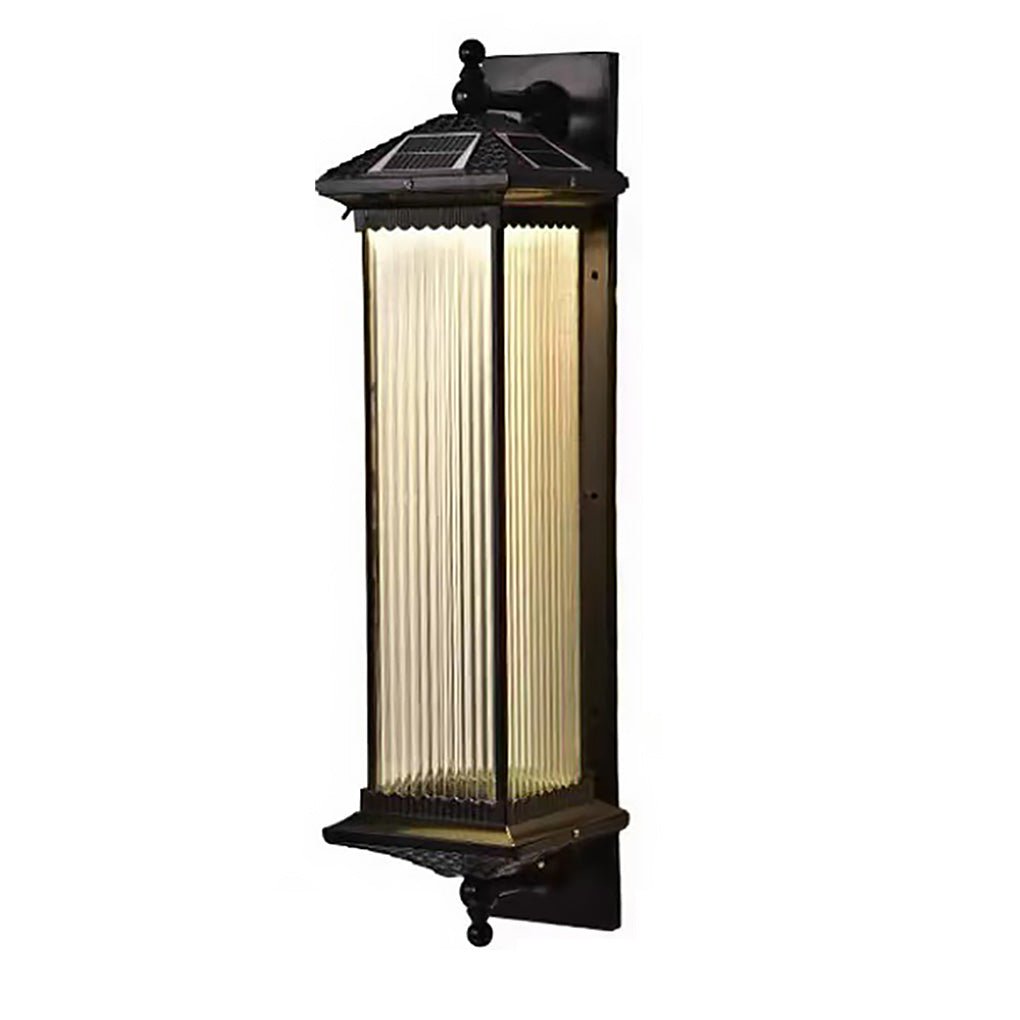 Retro Solar Outdoor Wall Sconce Die-Cast Aluminum Striped Glass Coffee IP65 3 Color Temperature 2 Heights Courtyard Villa