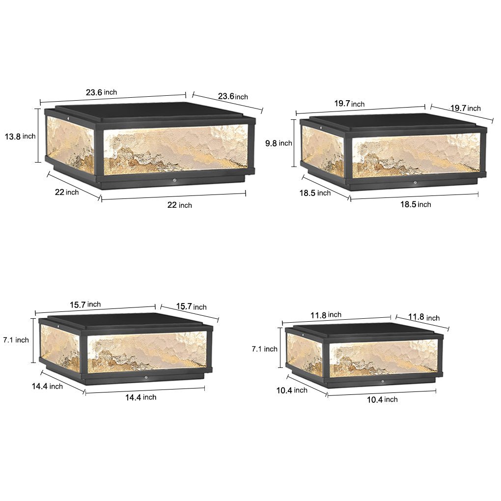 Square Ribbed Glass Outdoor Pillar Light Black Die-Cast Aluminum Solar or Hardwired 4 Sizes Pier Mount