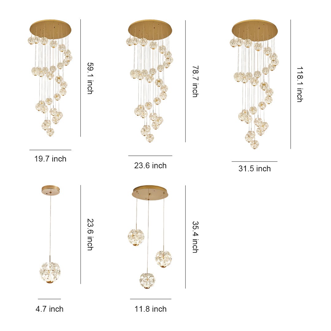 Staircase Chandelier Gold Crystal Ball Spiral LED 1-30 Head 3000K Warm White | NordaLight