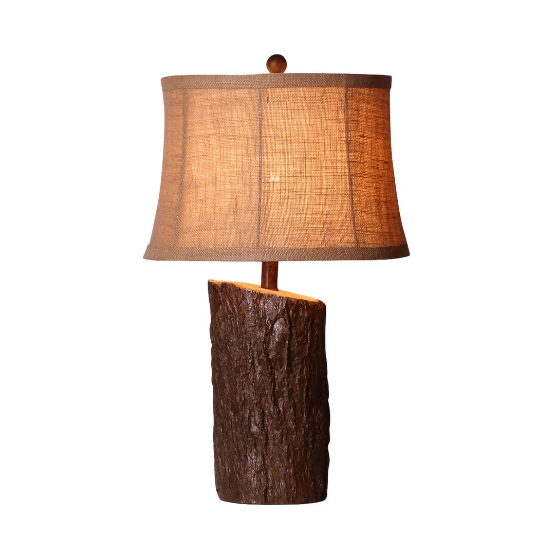 Rustic Faux Wood Table Lamp Dark Brown Bark Texture Beige Fabric Shade E26 Vintage Lodge Bedside 26.38 Inch | NordaLight