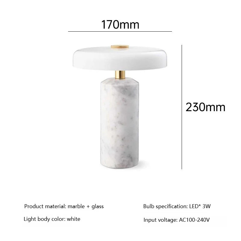 Modern Rechargeable LED Table Lamp Touch Dimmable Marble Base Blown Glass Shade Wireless Charger 3000K Denmark 8.27 Inch
