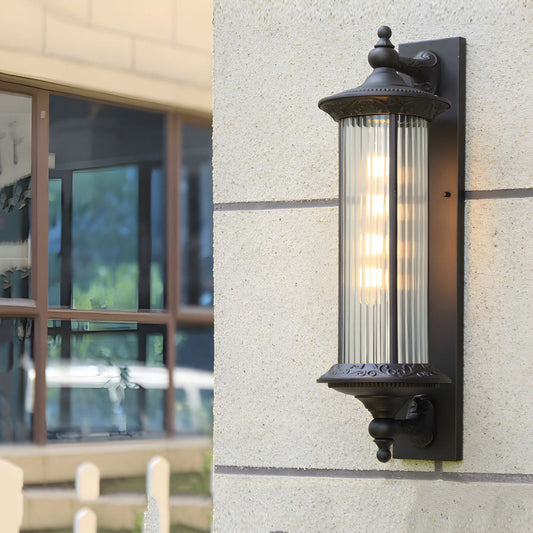Coffee Gold Vintage Outdoor Wall Lantern E27 IP54 Ribbed Glass Cylinder