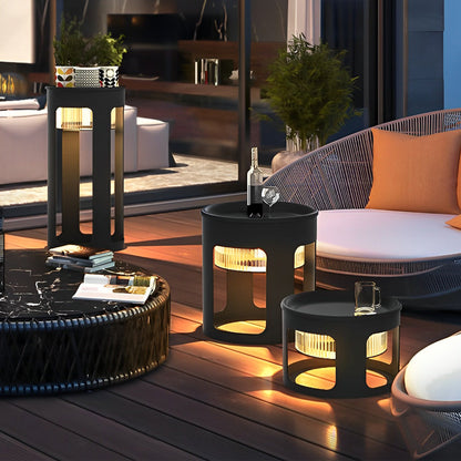 Round Outdoor Table Lamp Solar or Hardwired LED Stainless Steel Black Under-Table Lighting 3000K IP65 3 Sizes Garden Lawn