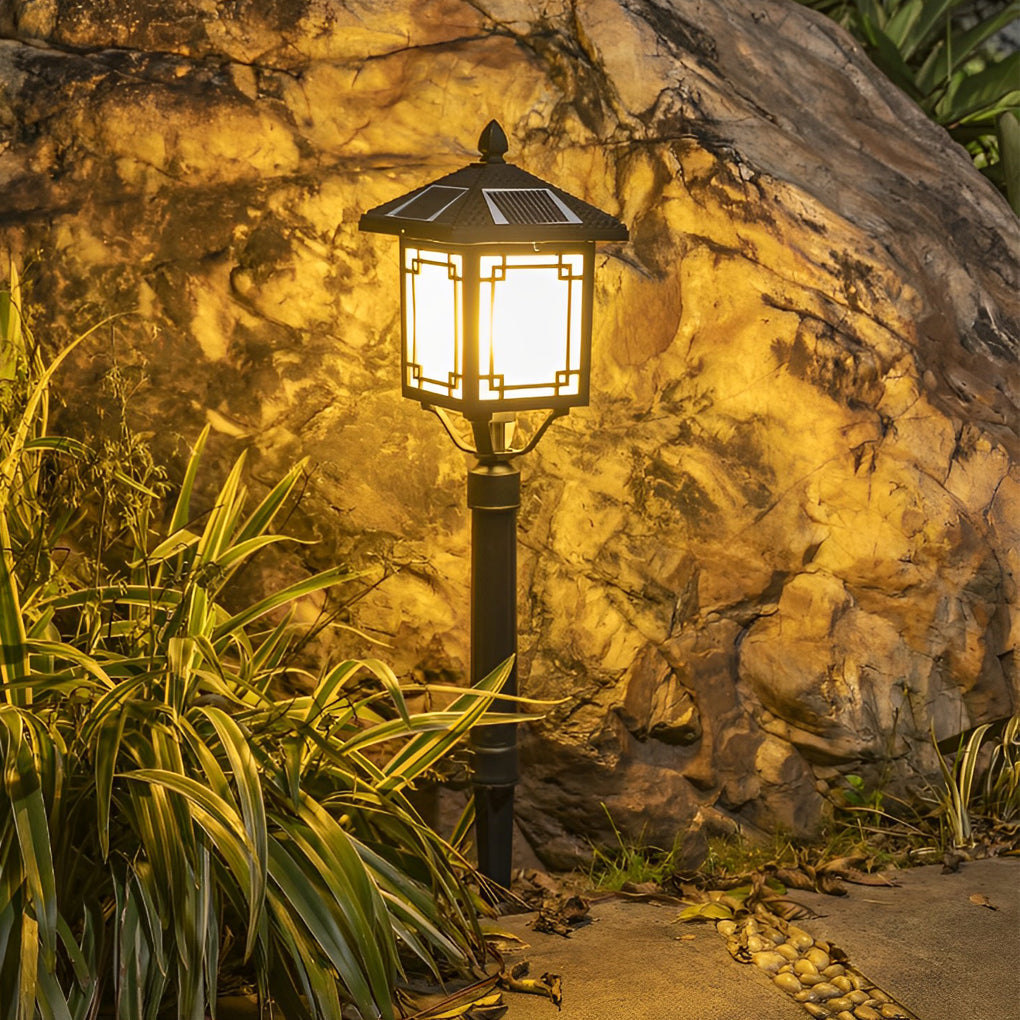 Ancient House Style Solar Outdoor Post Light Black Aluminum 3 Step Dimming Remote 3 Heights IP54
