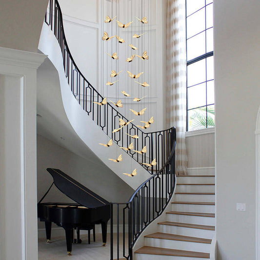 Staircase Chandelier Iron Aluminum Acrylic Butterfly Black Gold Electroplated Integrated LED Modern Retro 3-Step Colour Temperature Five Configurations 9-Light to 30-Light