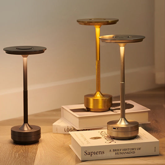 Rechargeable UFO Disc Table Lamp Polished Metal 3-Step Dimming Touch Cordless Gold Silver or Black