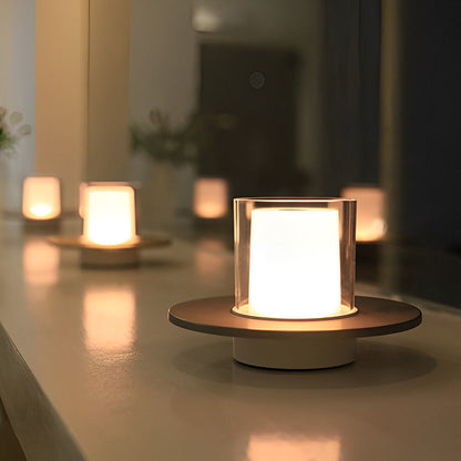 Modern Rechargeable LED Table Lamp Candle Cylinder 2400K Touch Infrared Dimmable Cordless Brass Nickel Dish Base Bedside 4 Inch