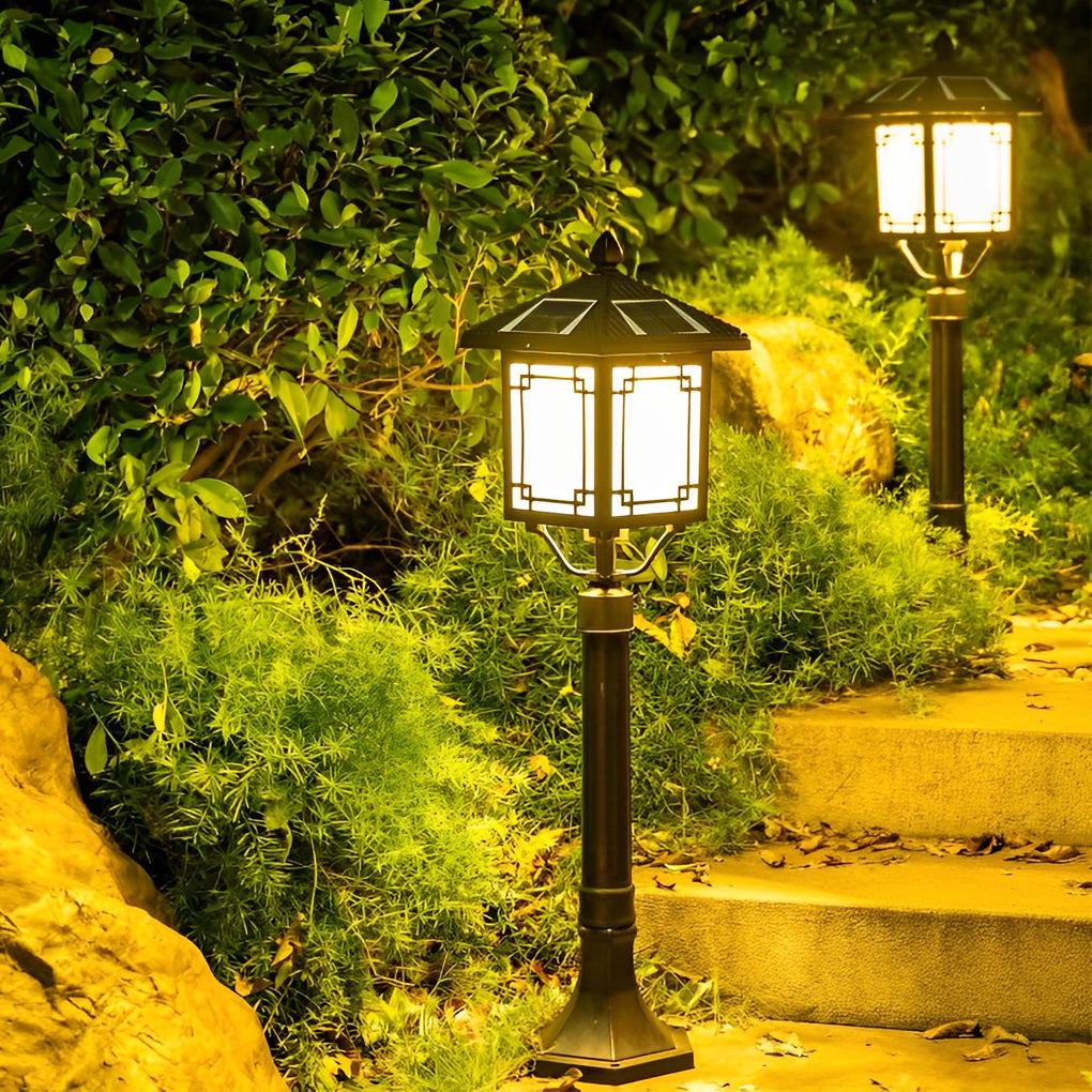 Ancient House Style Solar Outdoor Post Light Black Aluminum 3 Step Dimming Remote 3 Heights IP54