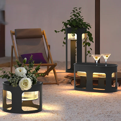 Round Outdoor Table Lamp Solar or Hardwired LED Stainless Steel Black Under-Table Lighting 3000K IP65 3 Sizes Garden Lawn