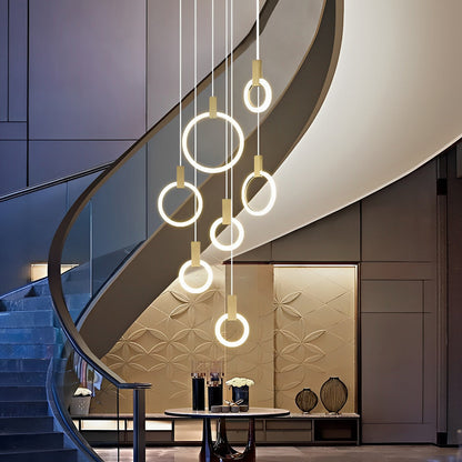 Staircase Chandelier Iron Acrylic Ring Gold Black Integrated LED Modern Nordic Retro Remote Control Stepless Dimming Twelve Configurations 1-Light to 20-Light