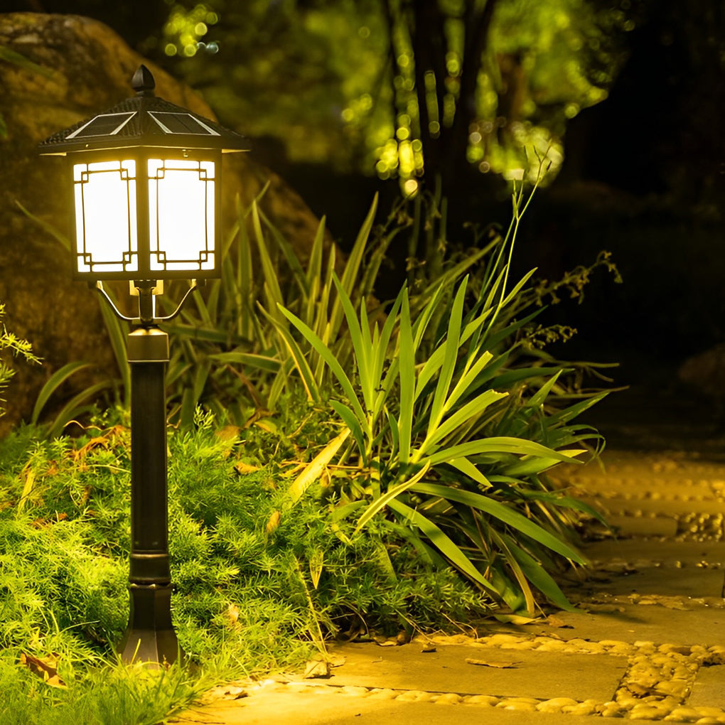 Ancient House Style Solar Outdoor Post Light Black Aluminum 3 Step Dimming Remote 3 Heights IP54