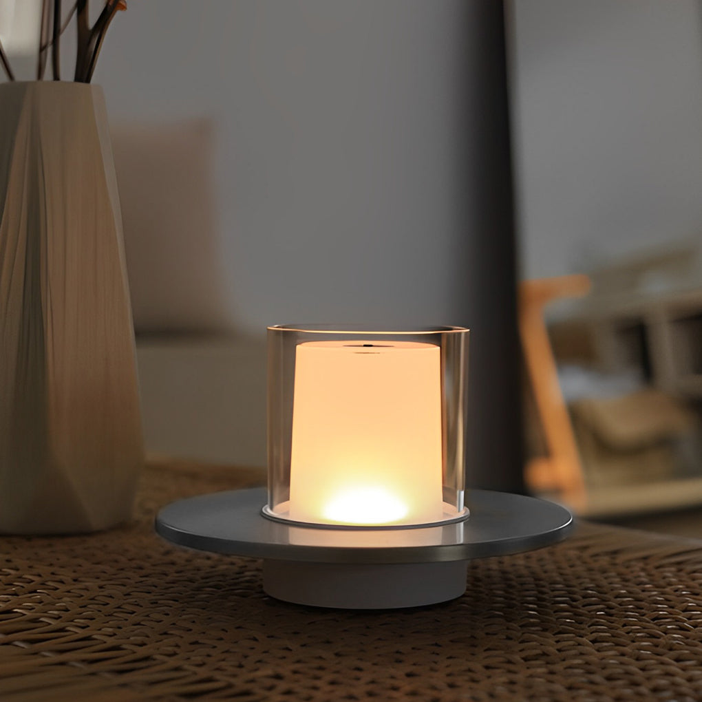 Modern Rechargeable LED Table Lamp Candle Cylinder 2400K Touch Infrared Dimmable Cordless Brass Nickel Dish Base Bedside 4 Inch