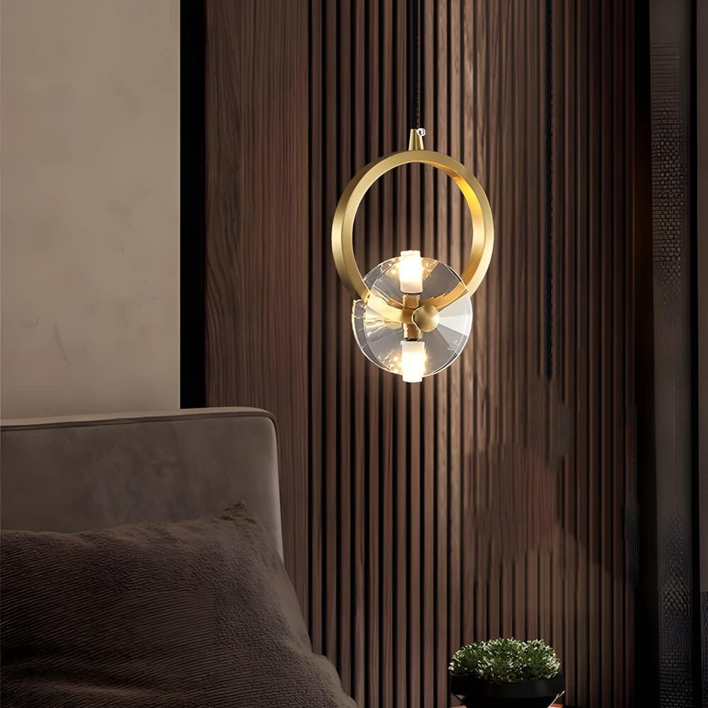 Polished Copper and Crystal Round LED Pendant Light