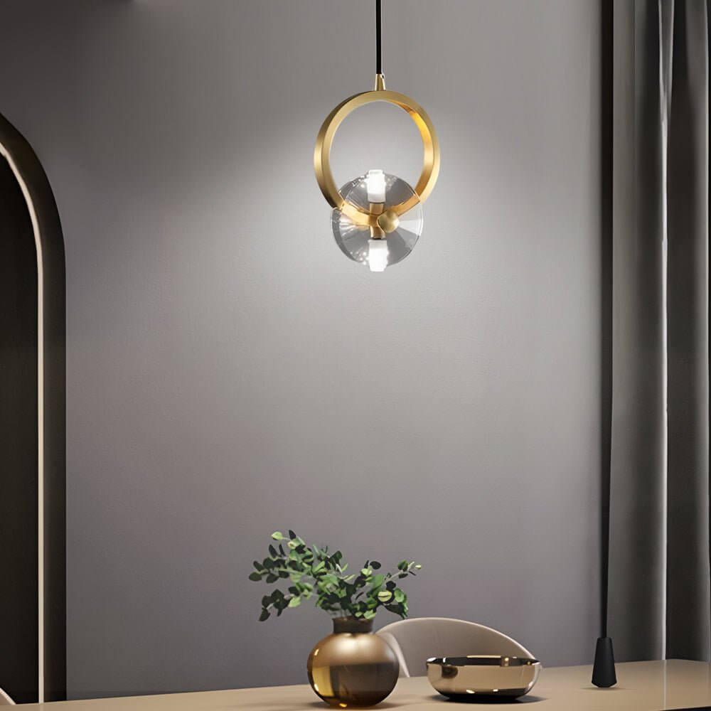 Polished Copper and Crystal Round LED Pendant Light