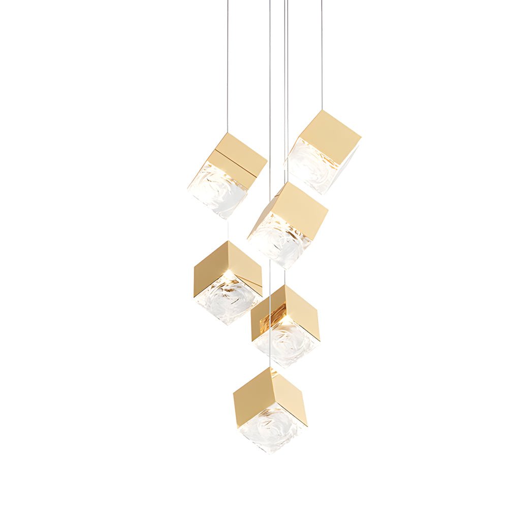 Staircase Chandelier Stainless Steel Glass Ice Cube Geometric Integrated LED Modern Postmodern Fixed 3000K Gold Chrome Eight Configurations 1-Light to 9-Light