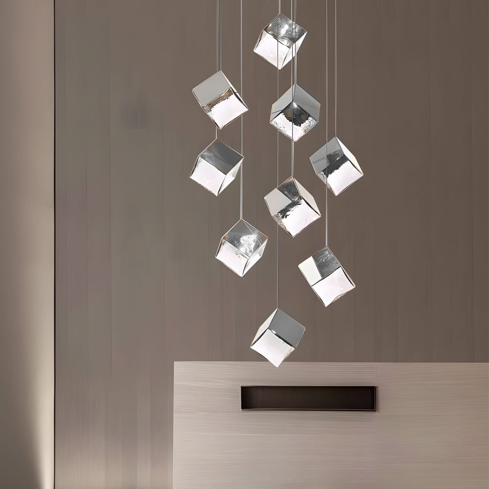 Staircase Chandelier Stainless Steel Glass Ice Cube Geometric Integrated LED Modern Postmodern Fixed 3000K Gold Chrome Eight Configurations 1-Light to 9-Light